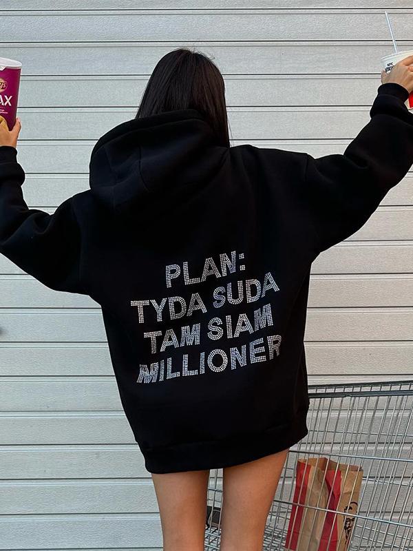 Letter Rhinestone Print Oversized Hoodie Product Image