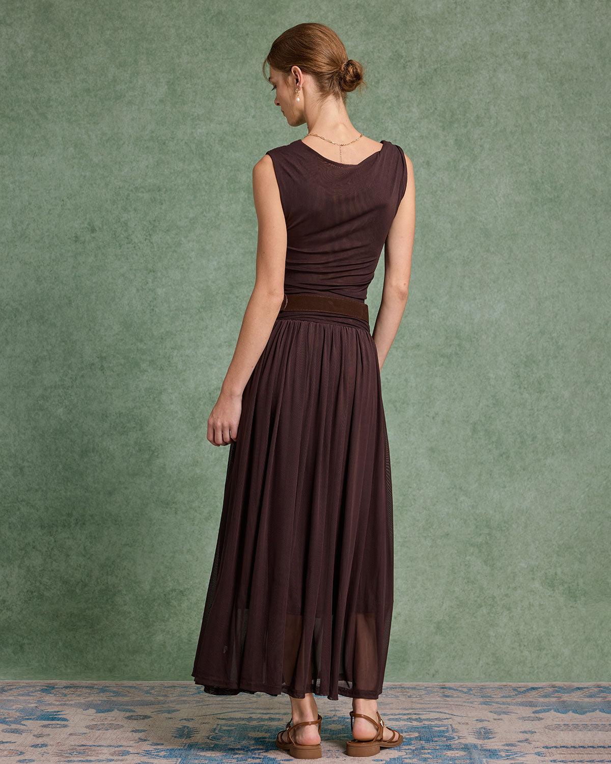 Brown Cowl Neck Belt Sleeveless Maxi Dress Product Image