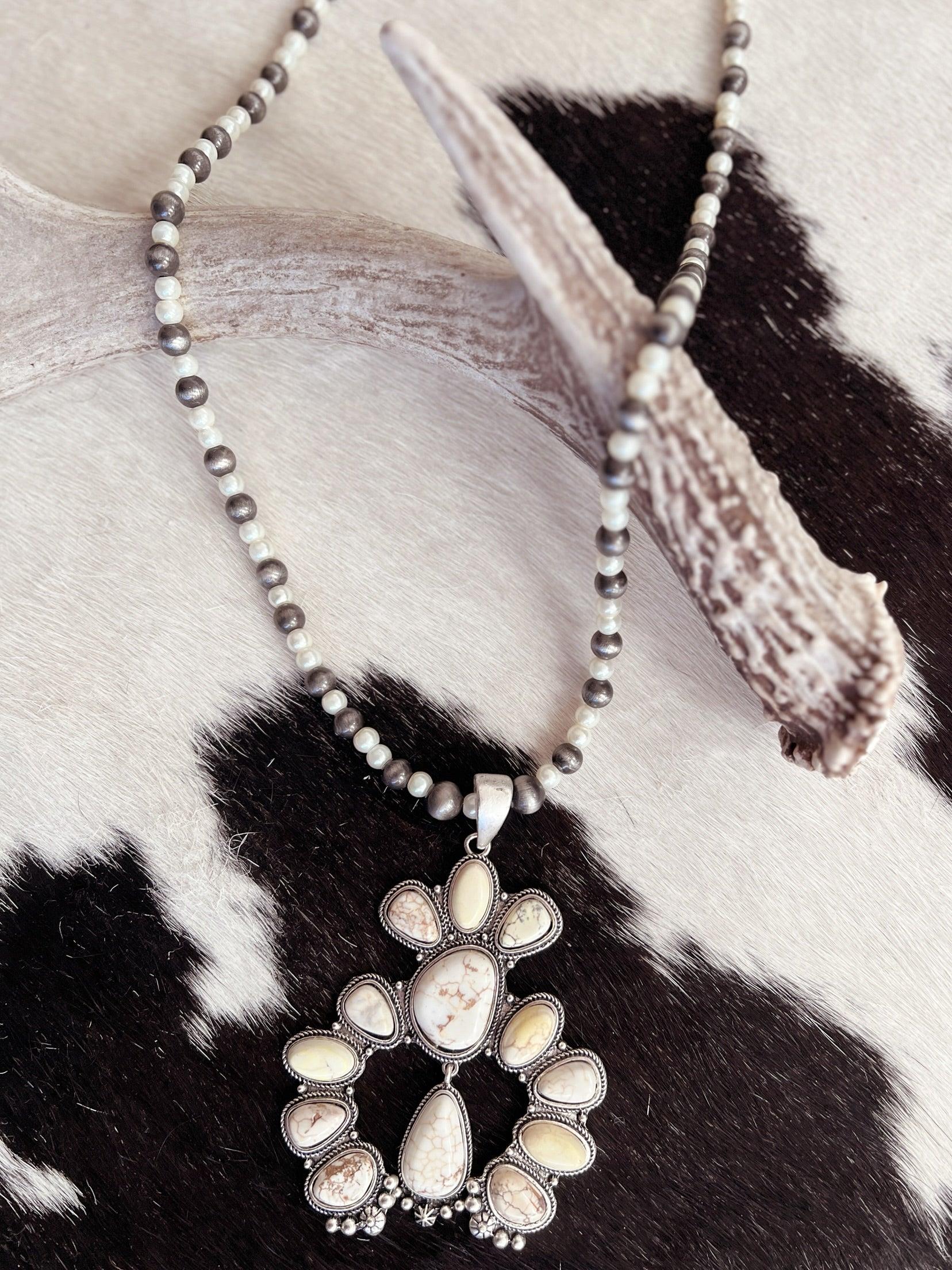 Pearl And Navajo Beaded Necklace With White Stone Pendant Product Image