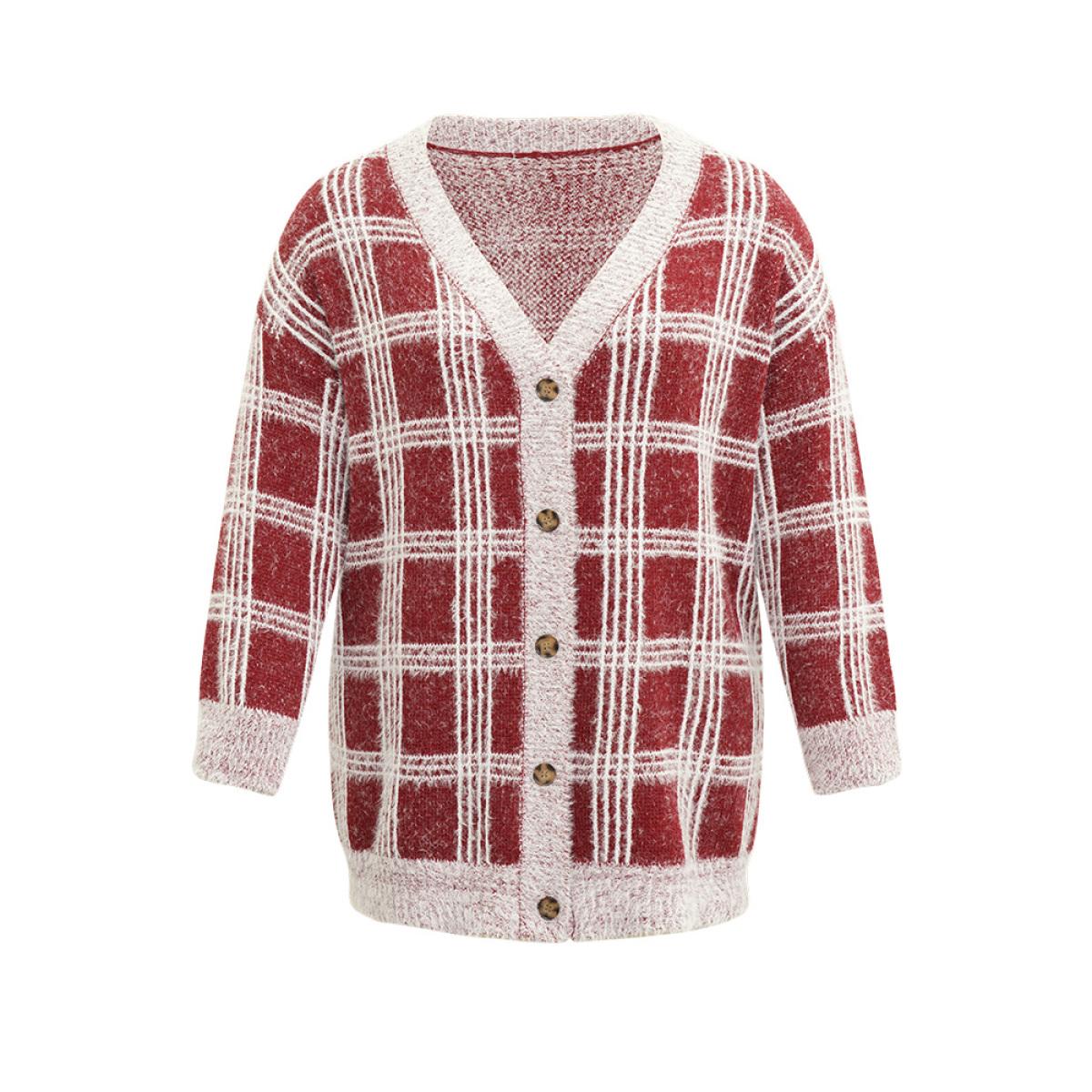 Plus Size Plaid Fuzzy Heather Button Fly Tunic Cardigan Burgundy Women Casual Loose Long Sleeve Festival-Christmas Cardigans BloomChic 22-24/3X Product Image