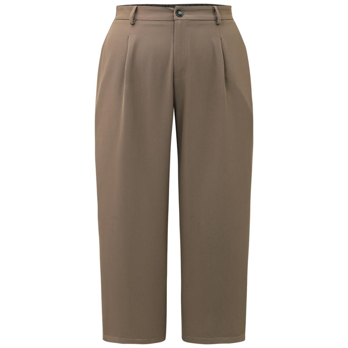 Plus Size Plain Plicated Detail Straight Leg Pants Women DarkBrown Office Wide Leg High Rise Work Pants BloomChic 10/M Product Image