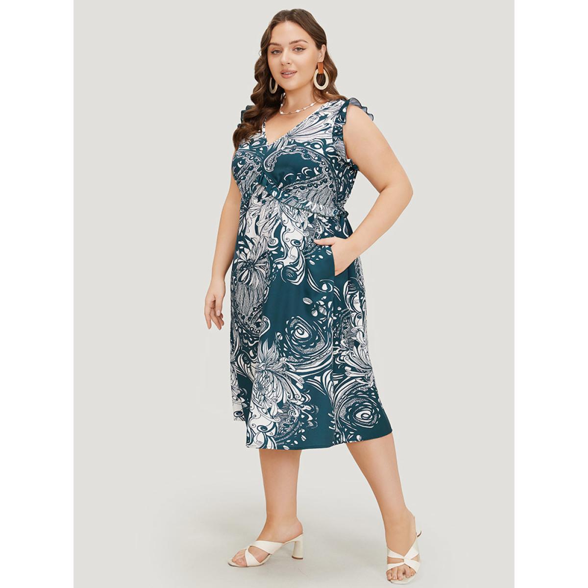Plus Size Floral Print Sleeveless Pocket V Neck Frill Trim Dress DarkBlue Women Elegant Ruffles V-neck Sleeveless Curvy Midi Dress BloomChic 12/L Product Image