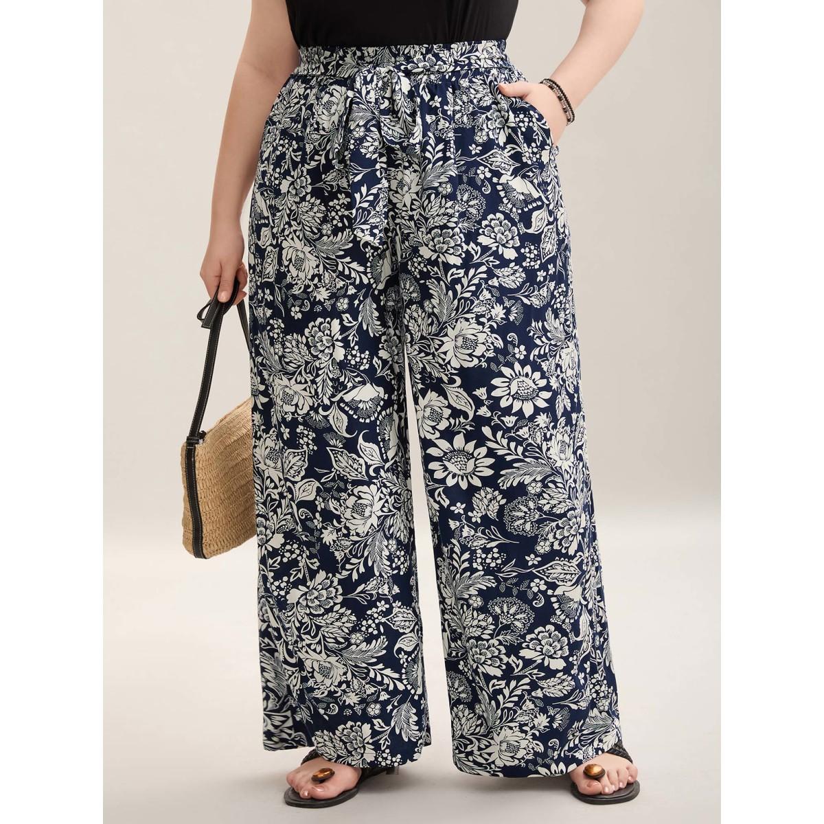 Plus Size Floral Print Waist-Tie Straight-Leg Pants Women Indigo Casual Wide Leg Mid Rise Everyday Pants BloomChic 14-16/1X Product Image