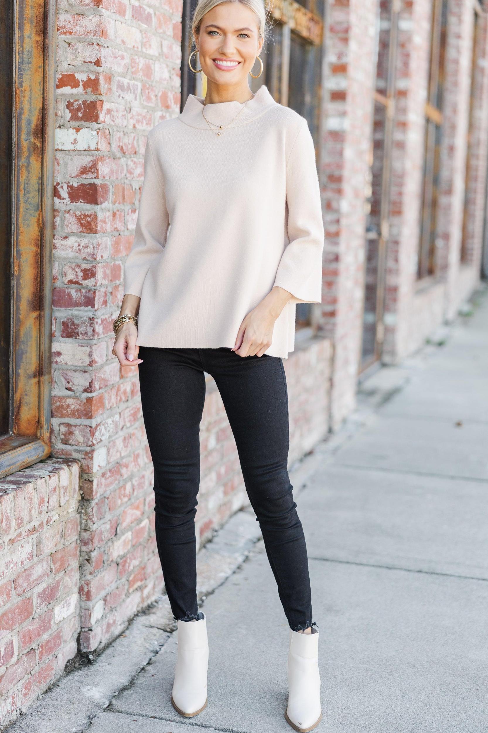 Just A Feeling Light Taupe Mock Neck Sweater Female Product Image