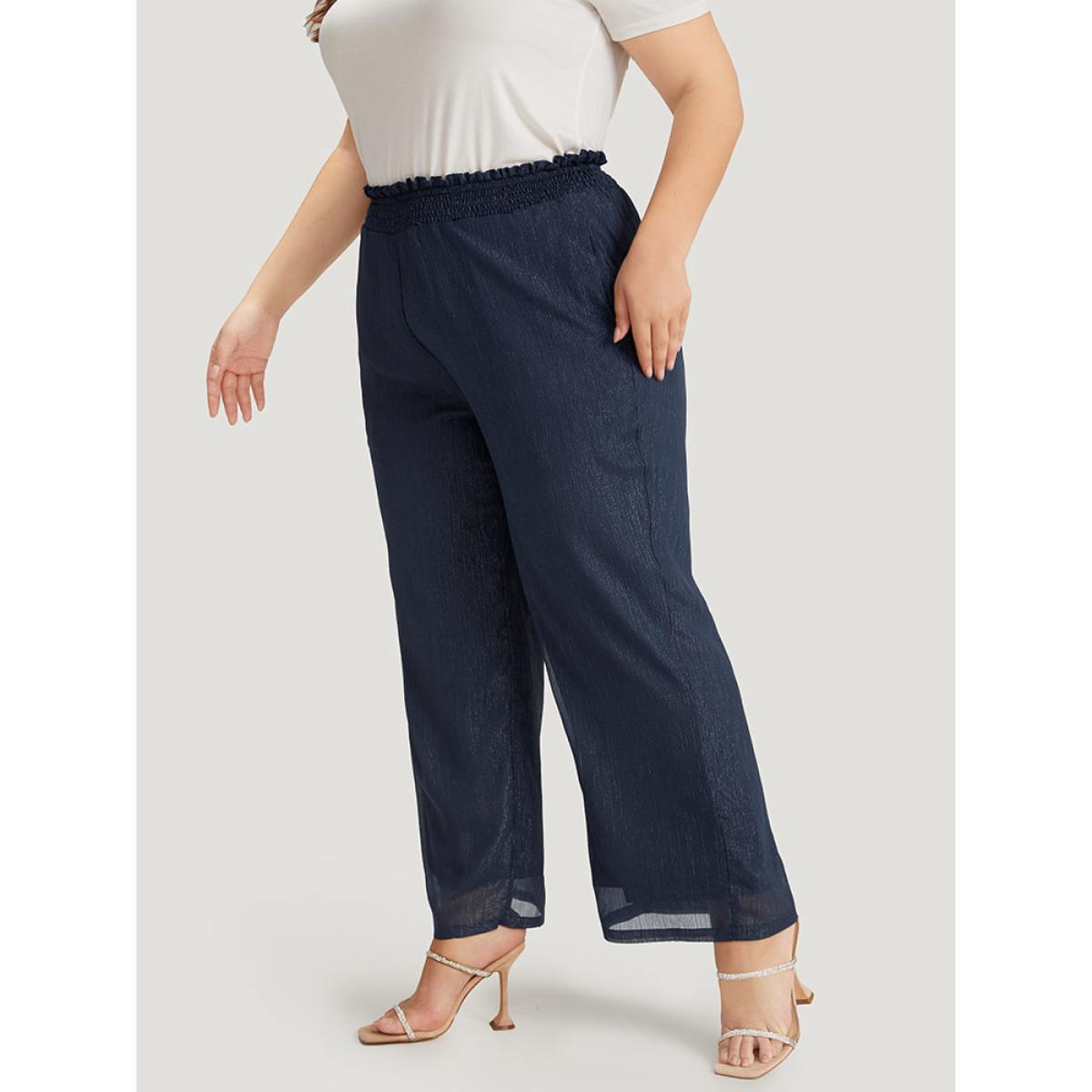 Plus Size Plain Glitter Shirred Waist Pocket Pants Women Indigo Glamour High Rise Going out Pants BloomChic 18-20/2X Product Image