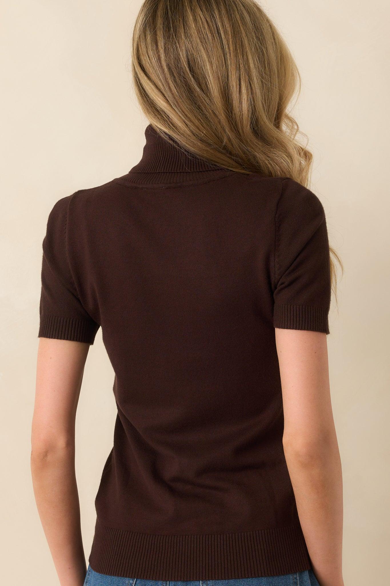 In Just A Minute Brown Ribbed Turtleneck Short Sleeve Sweater L / Brown Product Image
