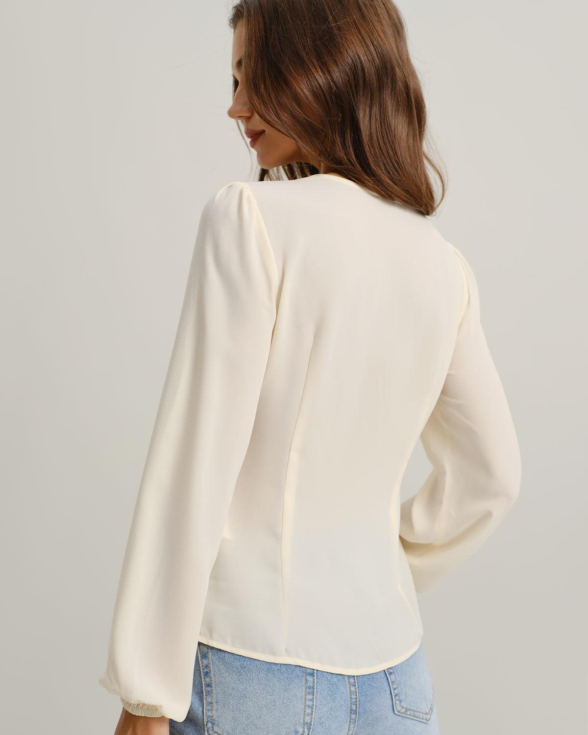 Apricot V Neck Lace Lantern Sleeve Blouse Product Image