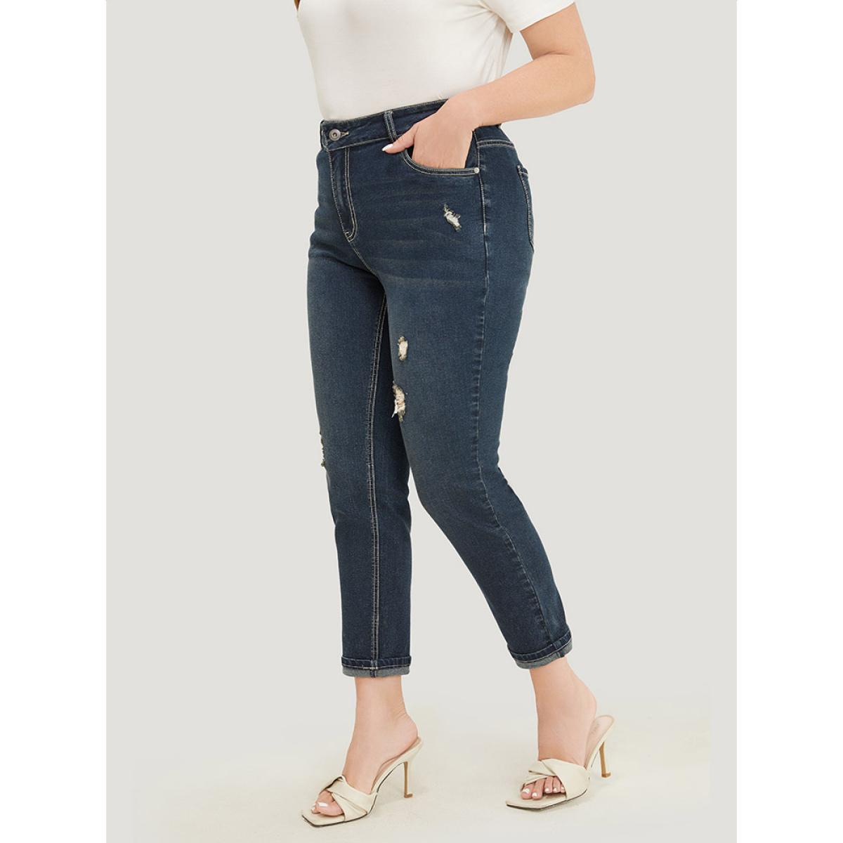 Plus Size Very Stretchy High Rise Dark Wash Distressed Stitch Jeans Women Midnight Casual Plain Roll Hem High stretch Jeans BloomChic 12/L Product Image