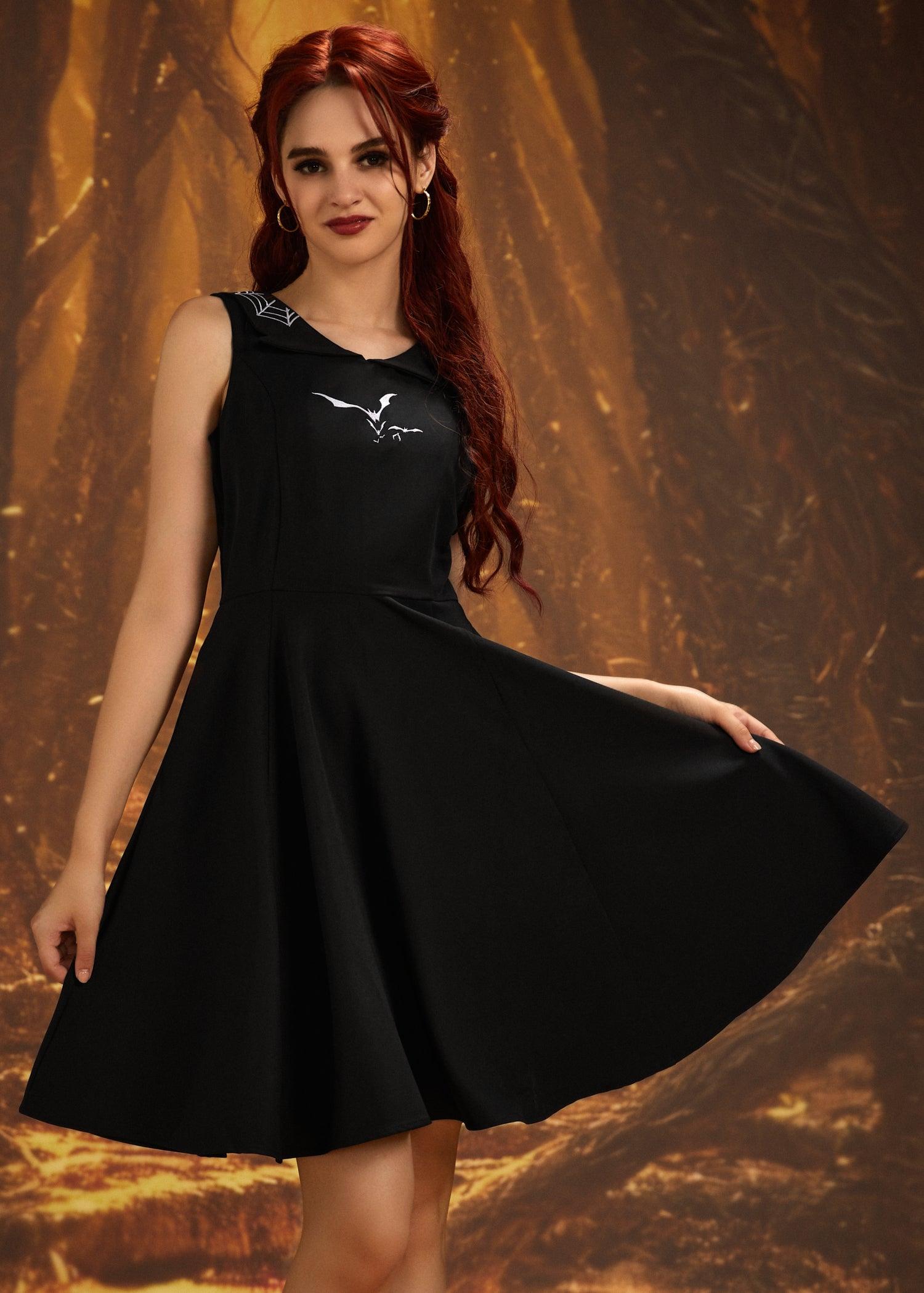 Black Bat Embroidered Swing Dress Product Image