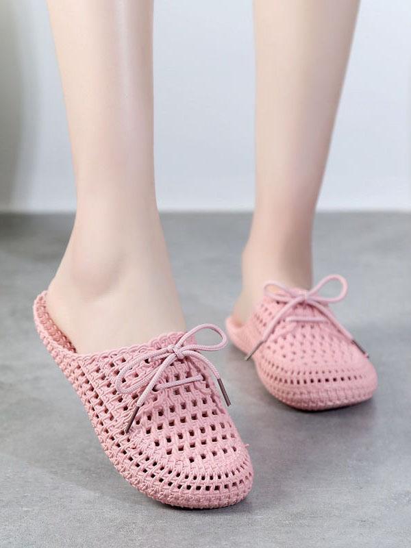 Hollow Lace-Up Round-Toe Mules&Slides Slippers Product Image