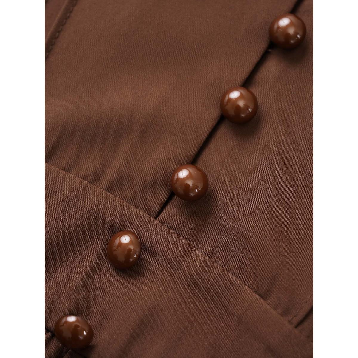 Plus Size Solid Pleated Button Detail Lantern Sleeve Dress DarkBrown Women At the Office Non V-neck Elbow-length sleeve Curvy Midi Dress BloomChic 14-16/1X Product Image