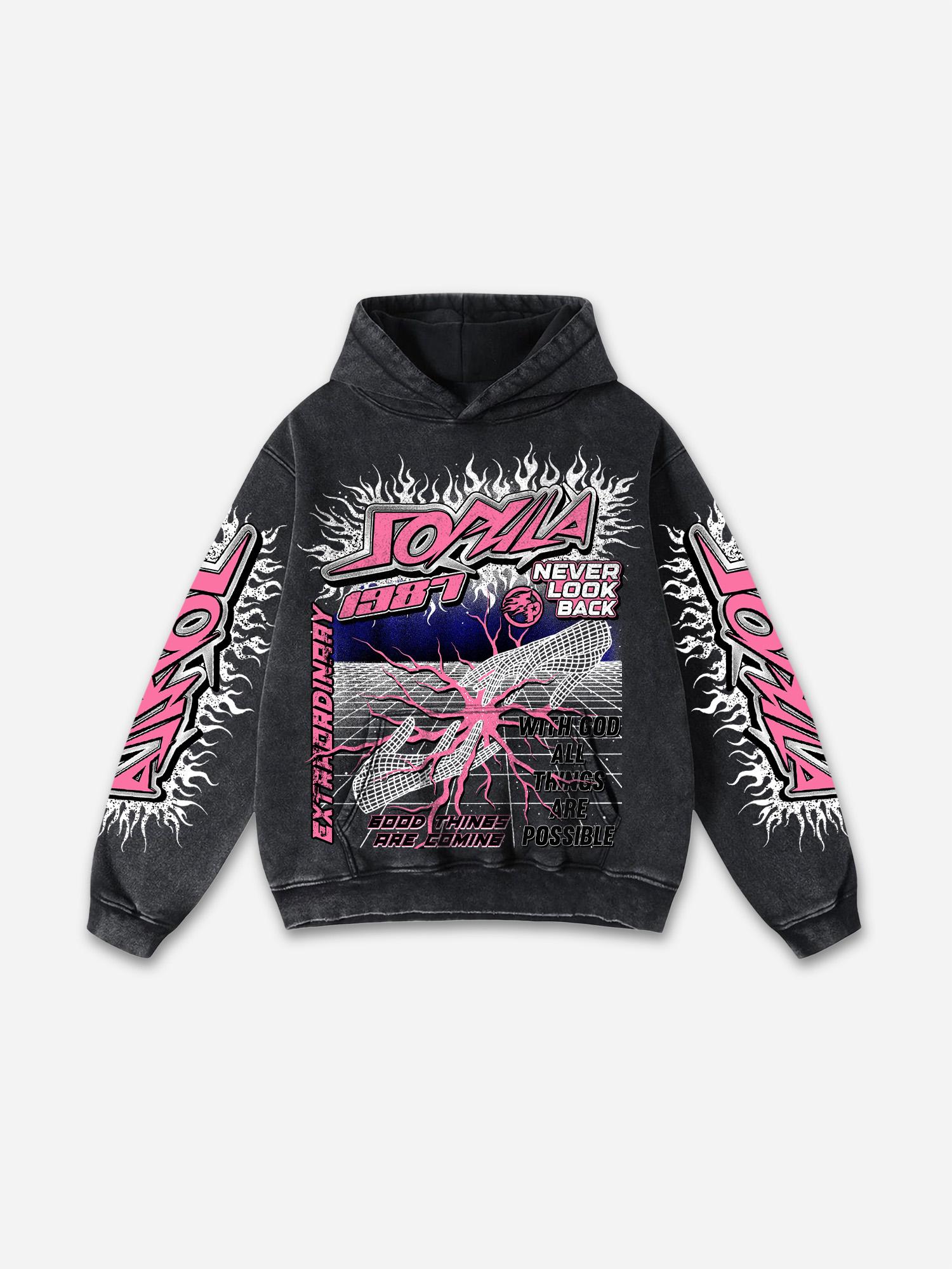 Sopula Flame Font Network Connection Graphic Washed Hoodie Product Image