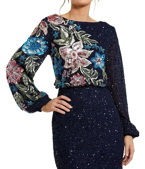 Mac Duggal Floral Beaded Sequin Long Sleeve Blouson Gown Product Image