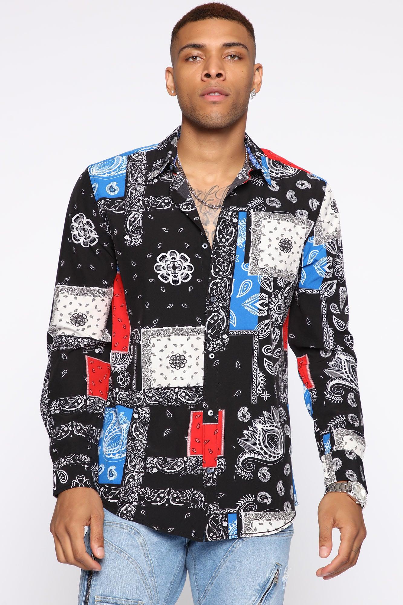 Skies Bandana Patchwork Long Sleeve Woven Top  - Black/combo Product Image