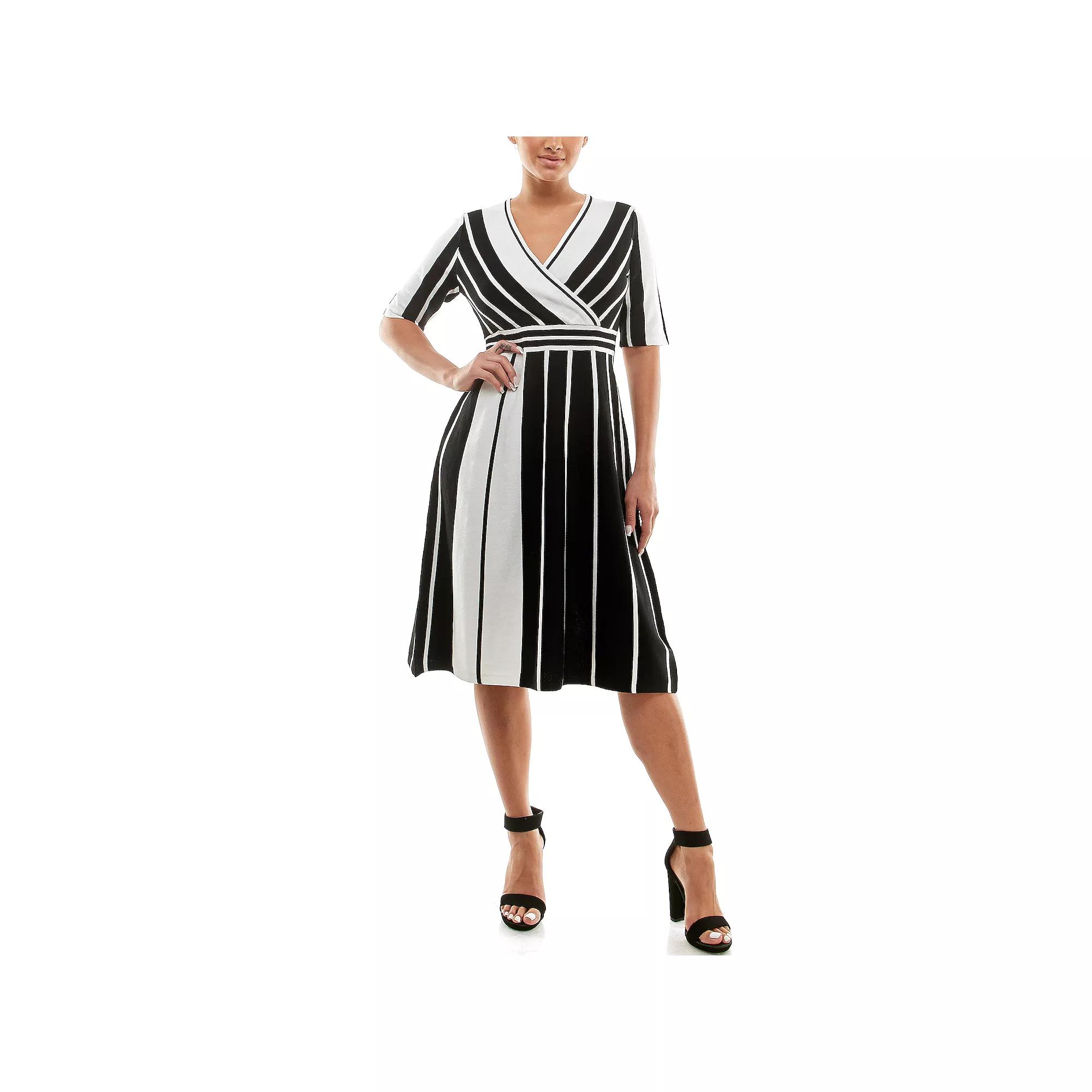 Women's Nina Leonard Surplice Striped Fit & Flare Sweater Dress, Size: Large, Black Ivory Product Image