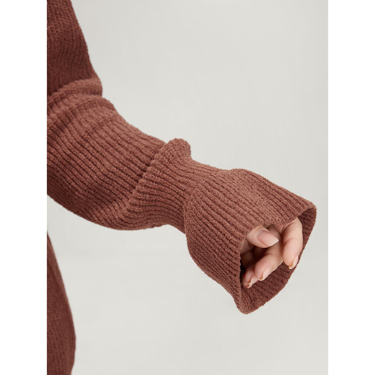 Plus Size Solid Pointelle Knit Round Neck Bell Sleeve Knit Top Bronze Women Casual Loose Long Sleeve Dailywear Pullovers BloomChic 26/4X Product Image