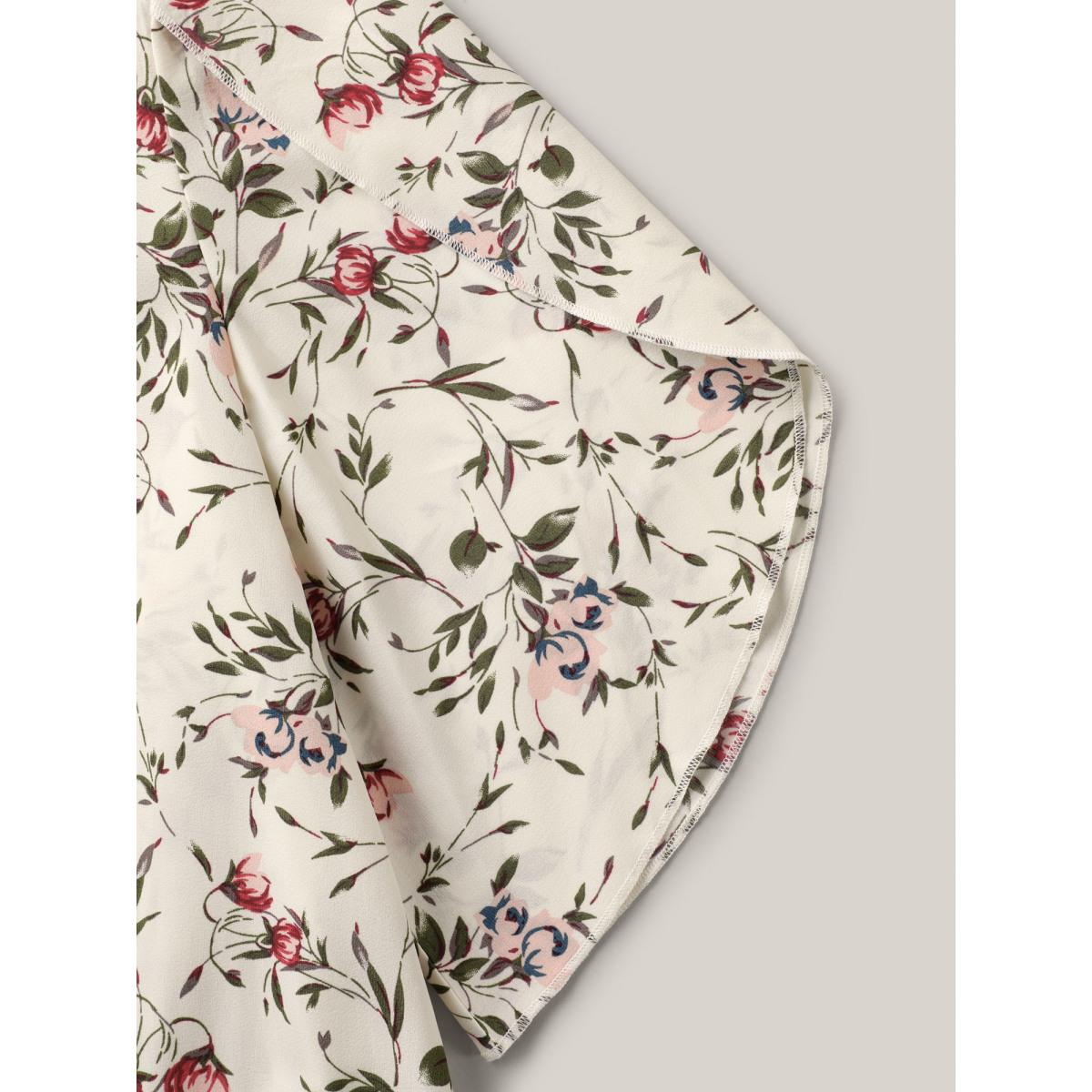 Plus Size Ivory Floral Print Petal Sleeve Pleated Blouse Women Timeless Elbow-length sleeve Round Neck Elegant Blouses BloomChic 18-20/2X Product Image