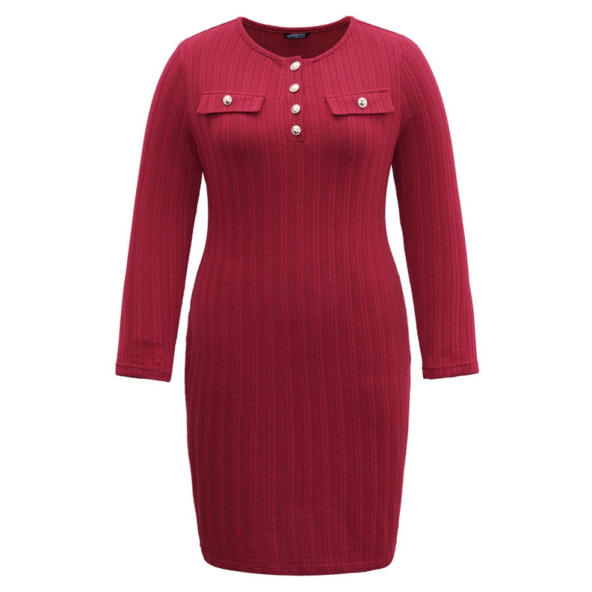 Plus Size Solid Textured Metal Detail Dress Scarlet Women Office Texture Round Neck Long Sleeve Curvy Midi Dress BloomChic 10/M Product Image
