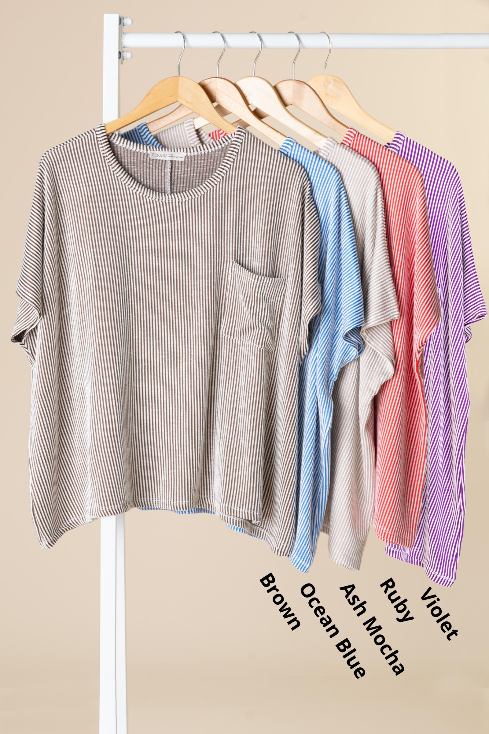 Ribbed Front Pocket Short Sleeve Knit Tops Product Image