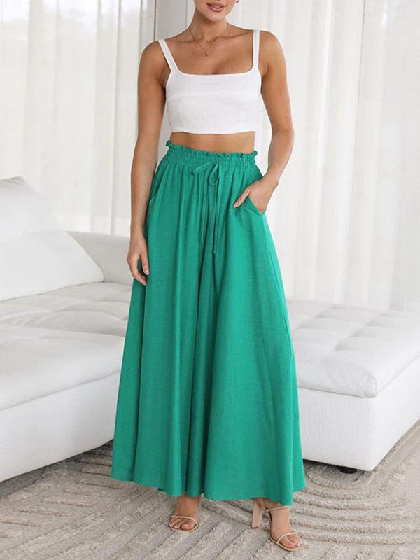 High Waisted Loose Drawstring Elasticity Pockets Solid Color Pants Trousers Product Image