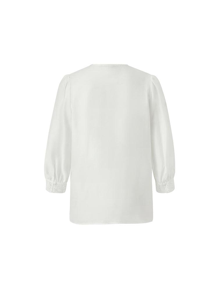 Acetate V-Neck Lace Trim Women Blouse Product Image