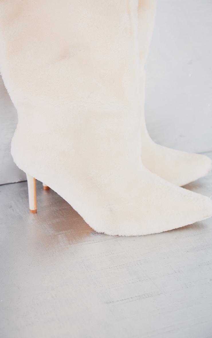 Cream Faux Shearling Point Toe Knee High Heeled Boots Product Image