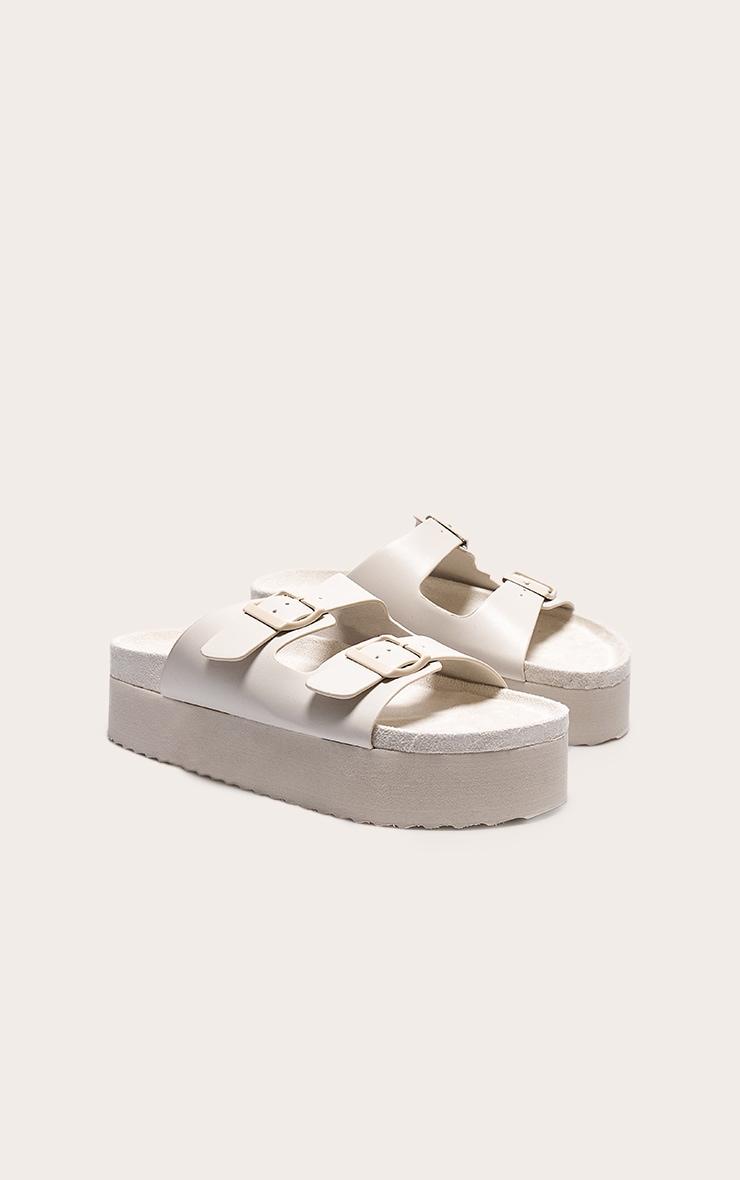 White PU Round Toe Double Buckle Strap Chunky Flat Sandals Product Image