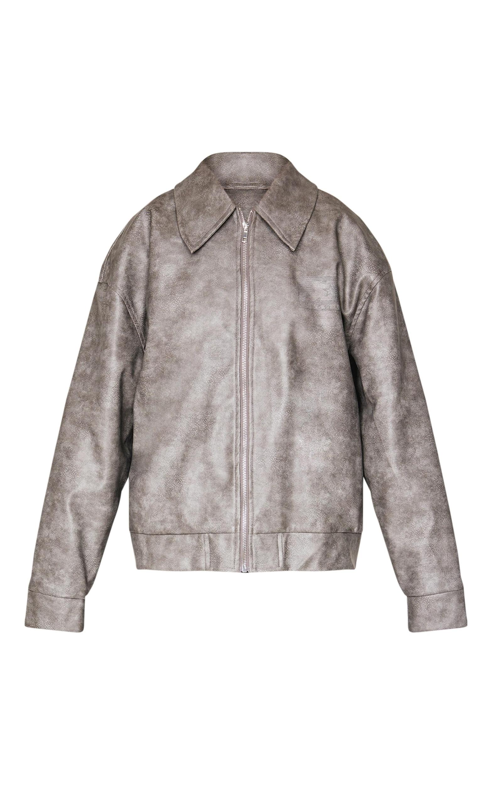Charcoal Faux Leather Embossed Zip Up Jacket Product Image