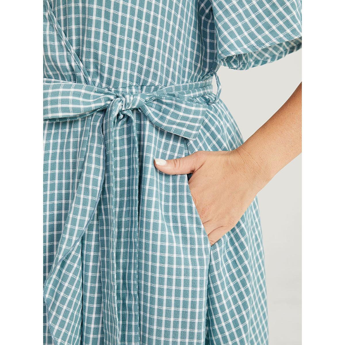 Plus Size Gingham Pocket Belted Ruffle Trim Surplice Neck Dress Cerulean Women Office Wrap V-neck Short sleeve Curvy Midi Dress BloomChic 30/6X Product Image