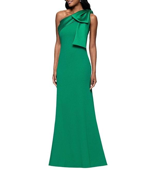 Betsy & Adam Satin Bow One Shoulder Scuba Crepe Sleeveless Mermaid Gown Product Image