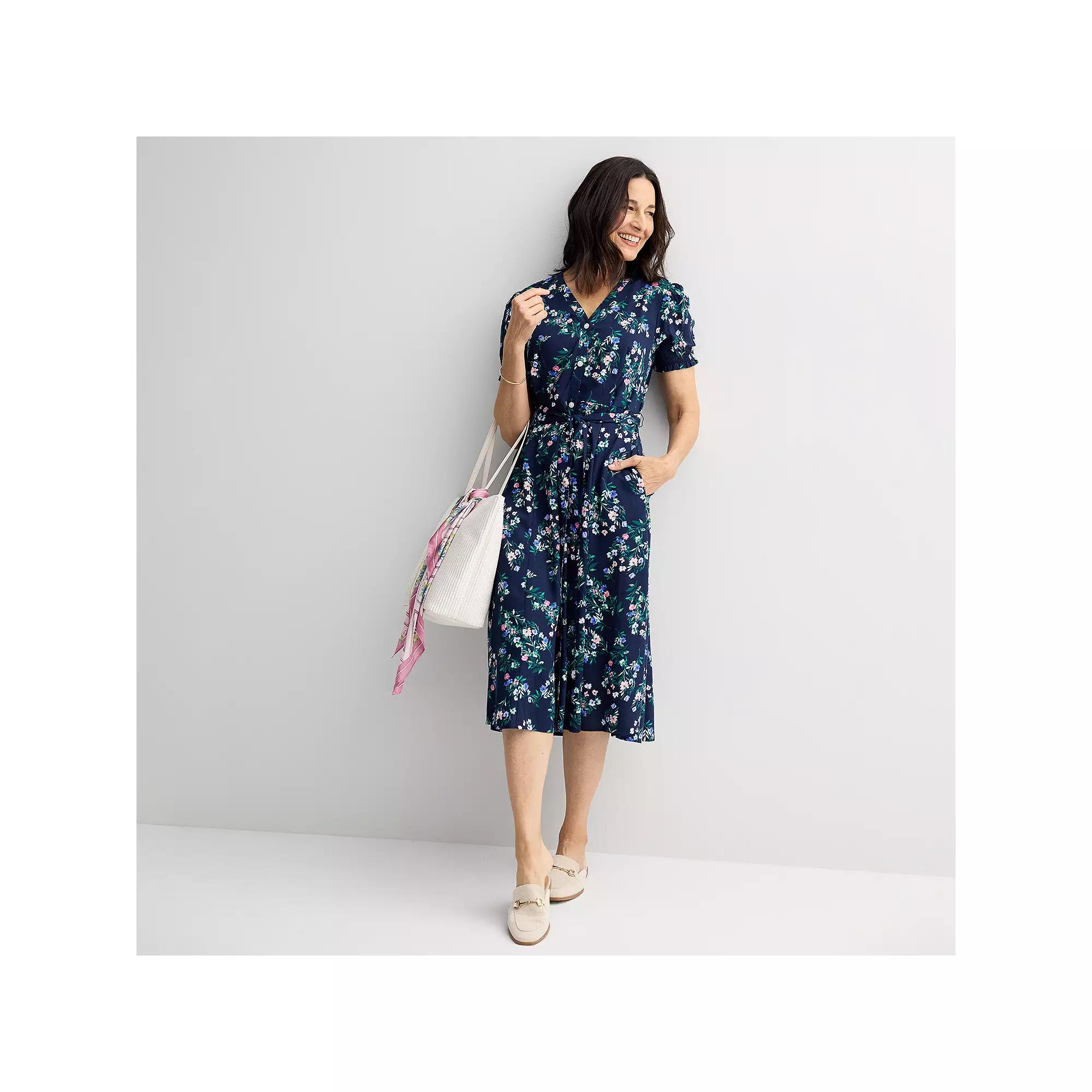 Women's Croft & Barrow® Button Front V-Neck Midi Dress, Size: Large, Blue Team Floral Product Image