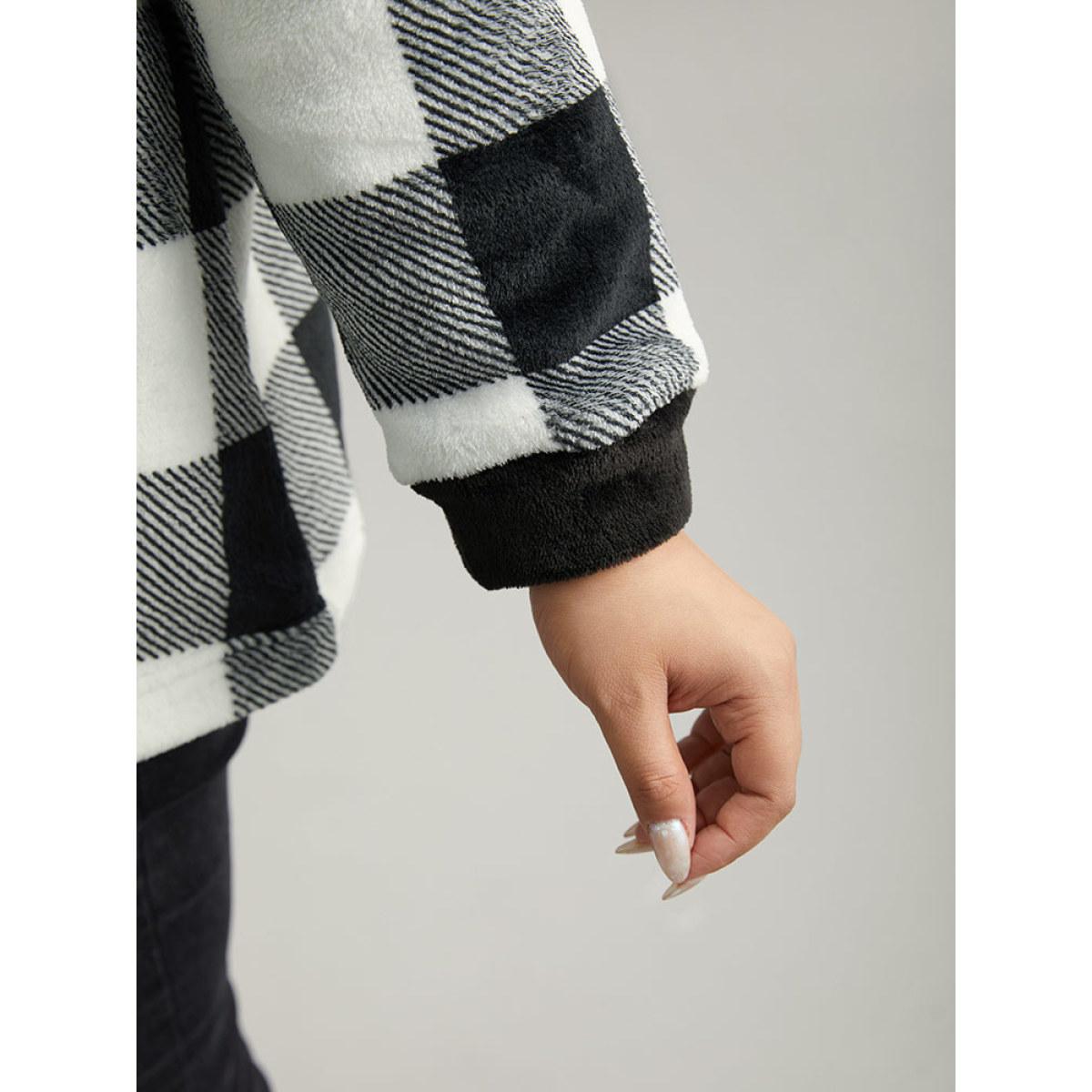 Plus Size Plaid Button Through Patchwork Hooded Jacket Women Black Casual Contrast Ladies Dailywear Winter Coats BloomChic 14-16/1X Product Image