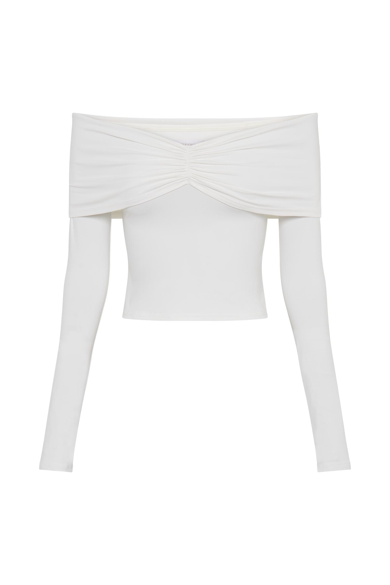 Prue Ruched Off Shoulder Long Sleeve Top - White Product Image