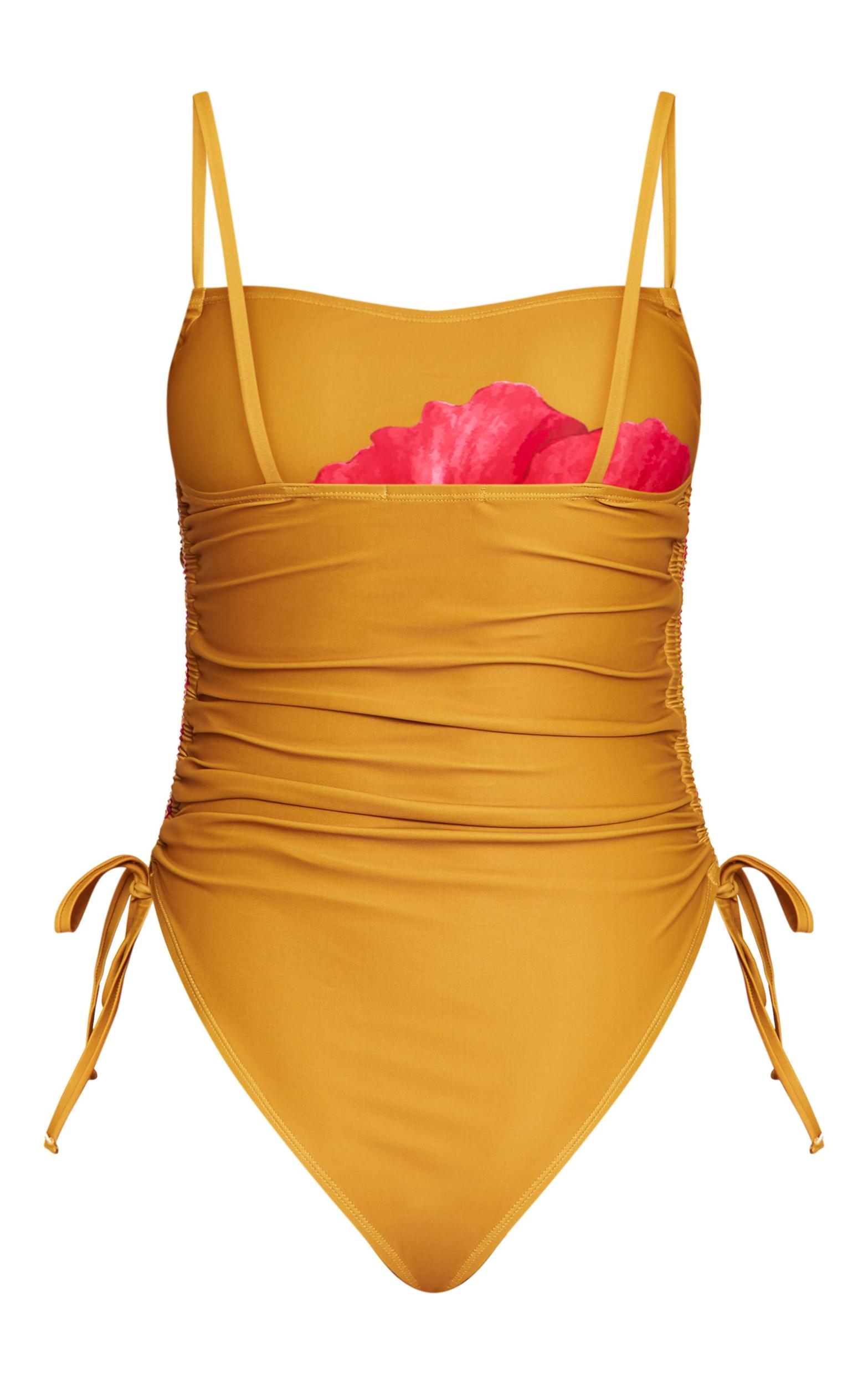 Mustard Hibiscus Print Strappy Swimsuit Product Image