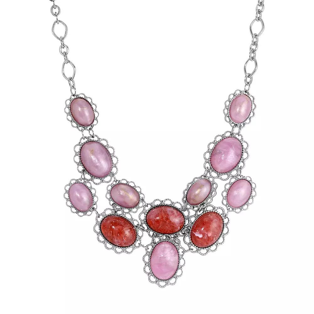 1928 Silver Tone Pink & Red Oval Cabochon Statement Necklace, Womens Product Image
