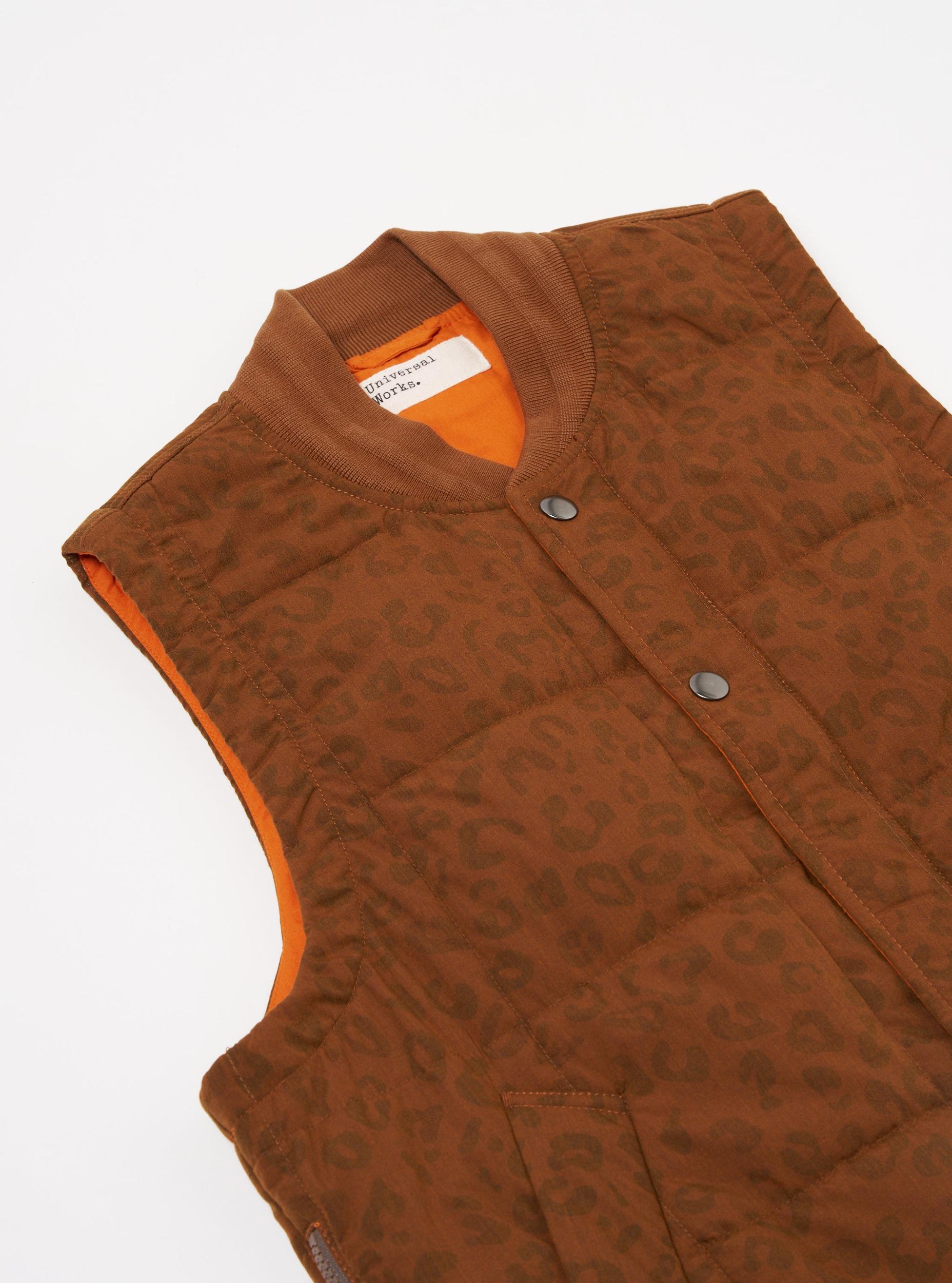 Universal Works Carlton Gilet in Orange Leopard Recycled Polytech Product Image