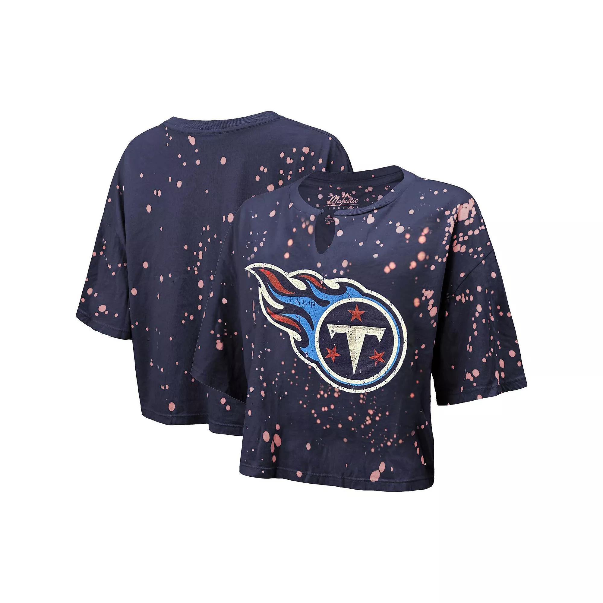 Women's Majestic Threads Navy Tennessee Titans Bleach Splatter Notch Neck Crop T-Shirt, Size: Medium, Blue Product Image