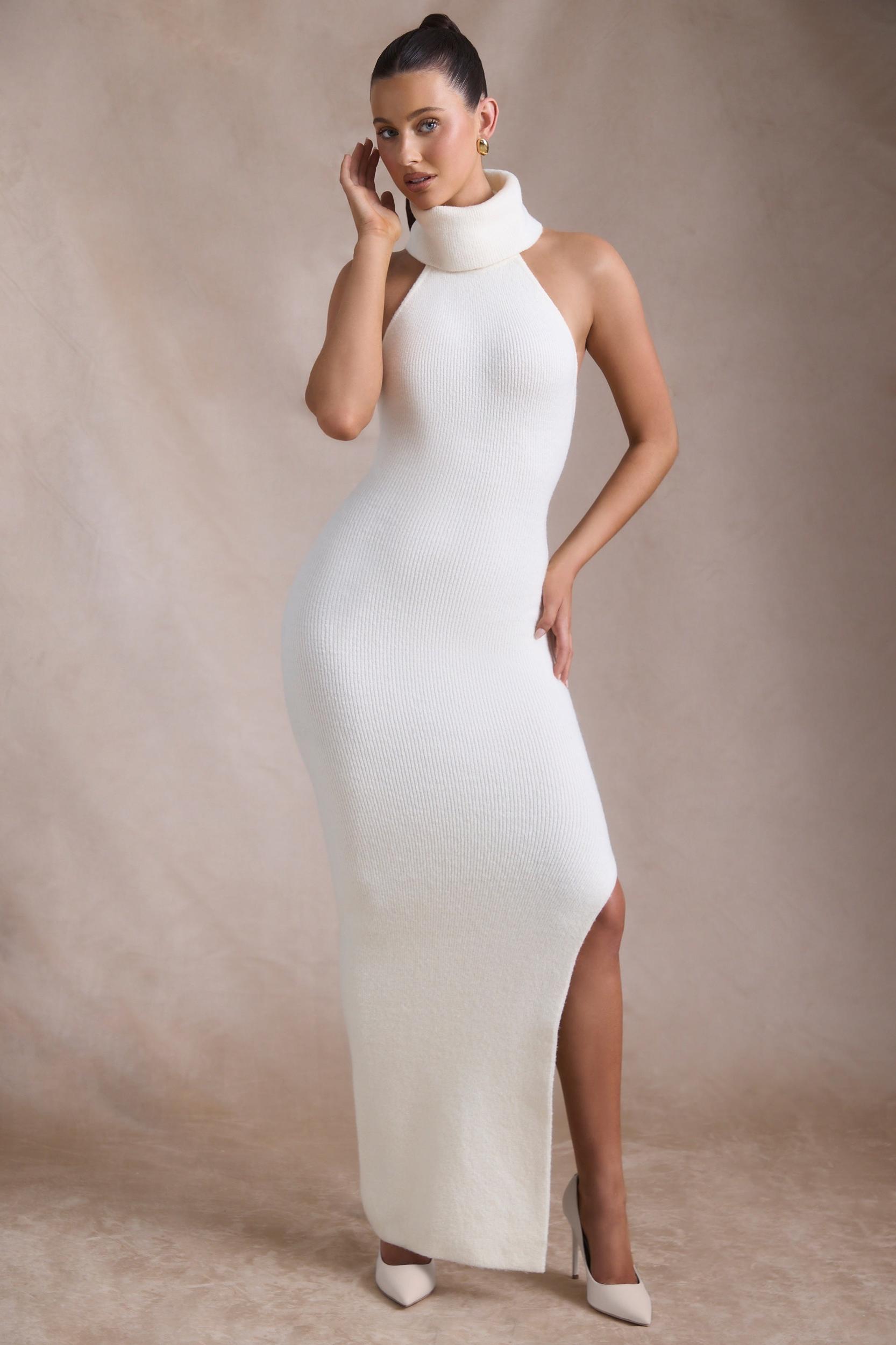 Ribbed-Knit Turtleneck Backless Maxi Dress in Ivory Product Image