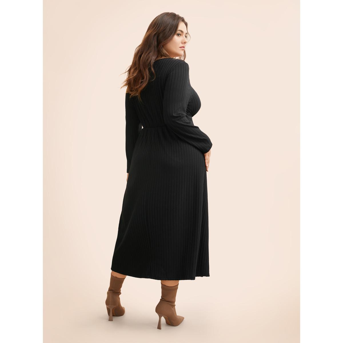 Plus Size Square Neck Rib Knit Drawstring Dress Black Women Elegant Texture Square Neck Long Sleeve Curvy BloomChic 22-24/3X Product Image
