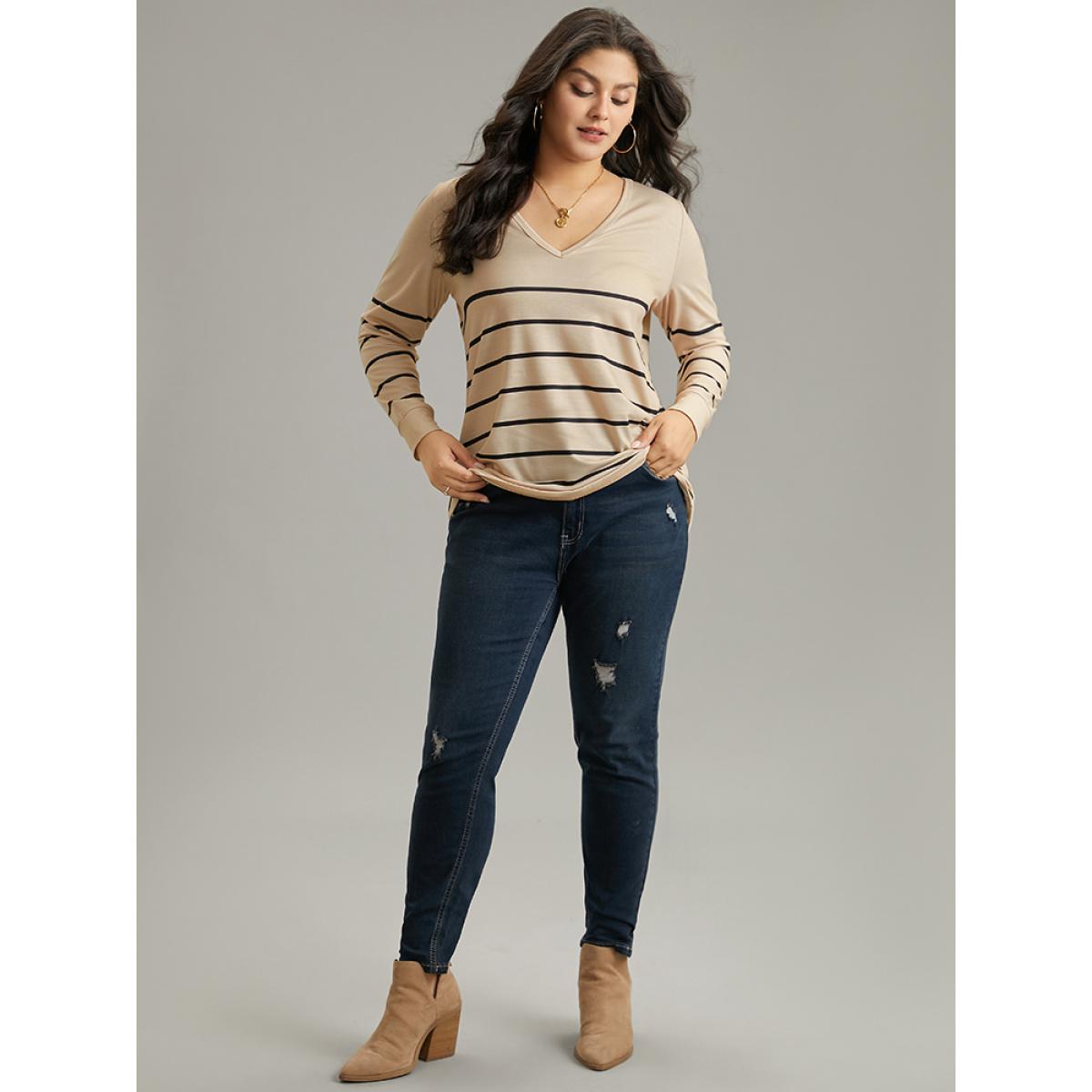 Plus Size Striped Print V Neck T-Shirt Tan Women Casual Printed Striped V-neck Dailywear T-shirts BloomChic 22-24/3X Product Image