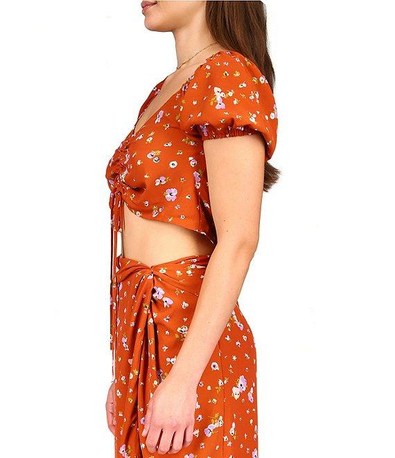 Sanctuary Drawing Closer Floral Print Textured Woven Drawstring Front V-Neck Short Puff Sleeve Cropped Coordinating Top Product Image