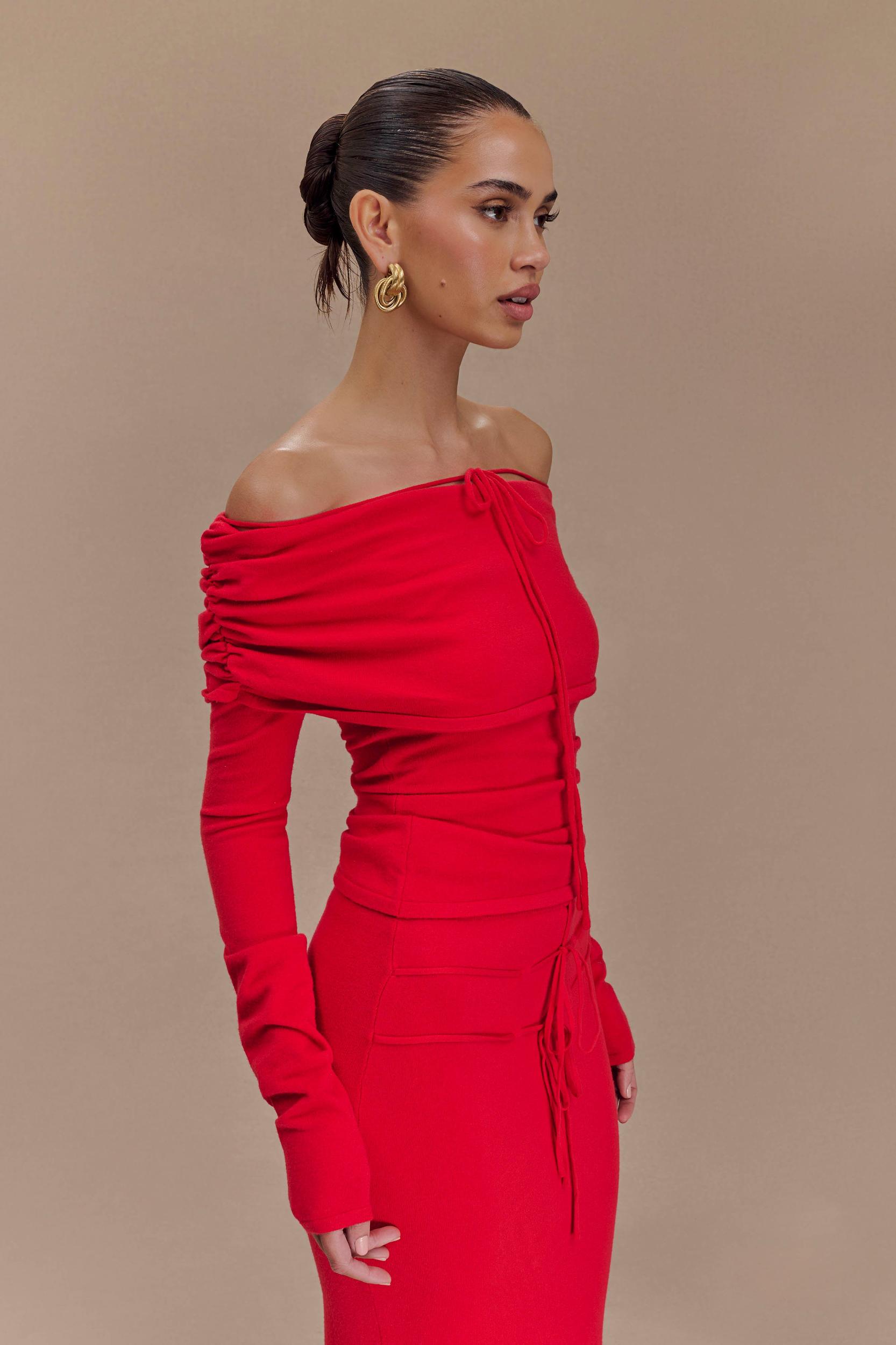 Polly Off Shoulder Long Sleeve Knit Top - Red Product Image