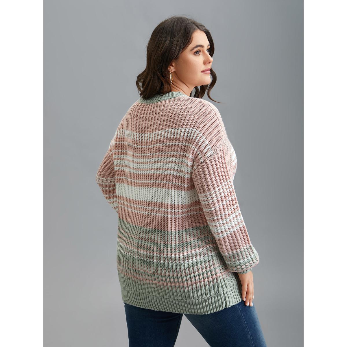 Plus Size Striped Contrast Colors Ribbed Pullover Greenbean Women Casual Loose Long Sleeve Round Neck Everyday Pullovers BloomChic 22-24/3X Product Image