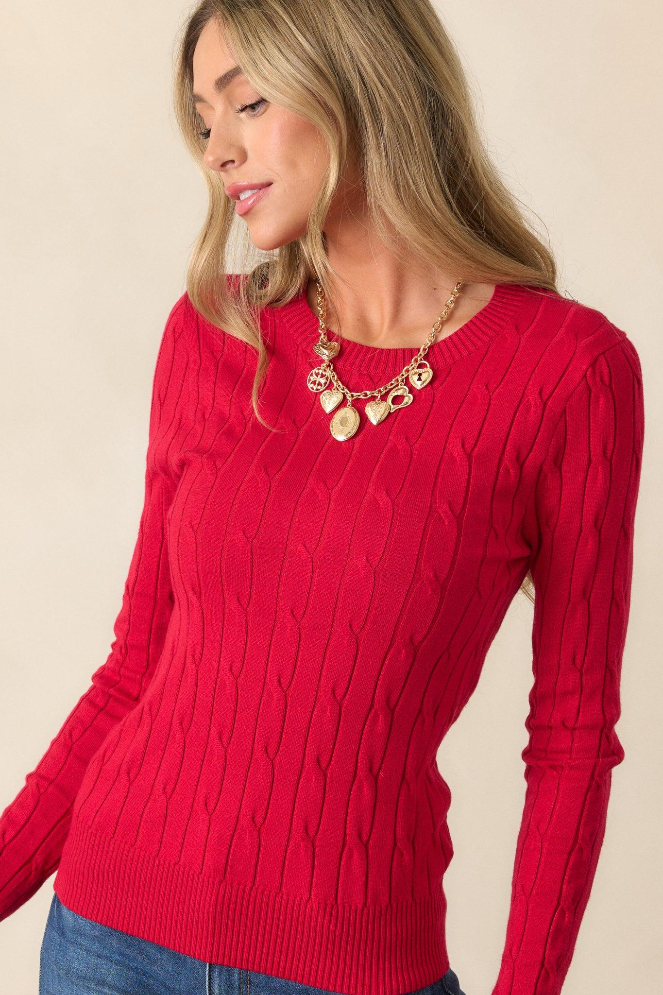 Softly Spoken Red Cable Knit Sweater Product Image