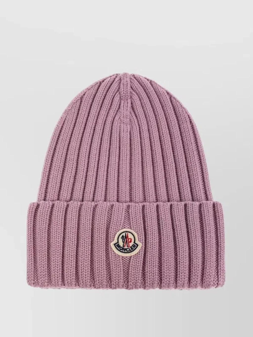 MONCLER Logo Patch Rib Wool Beanie In Purple Product Image