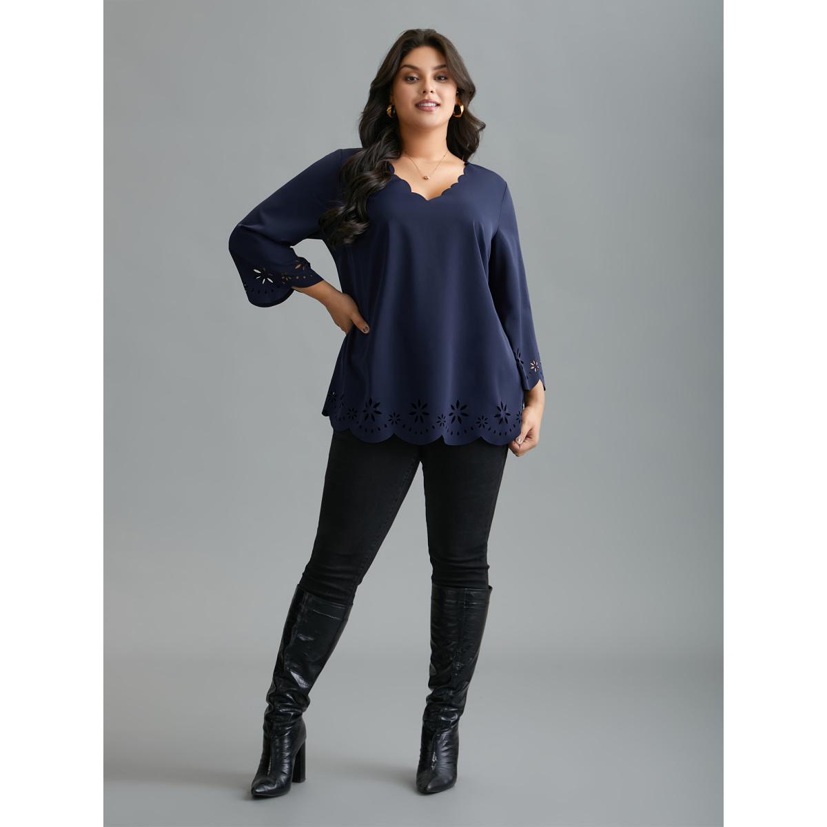Plus Size Indigo Laser Cut Design V-Neck Blouse Women At the Office Three Quater Length Sleeve V-neck Work Blouses BloomChic 18-20/2X Product Image