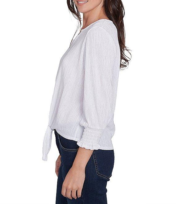 Ruby Rd. Knit Crinkle Keyhole Neck Bar 3/4 Sleeve Tie-Front Top Product Image