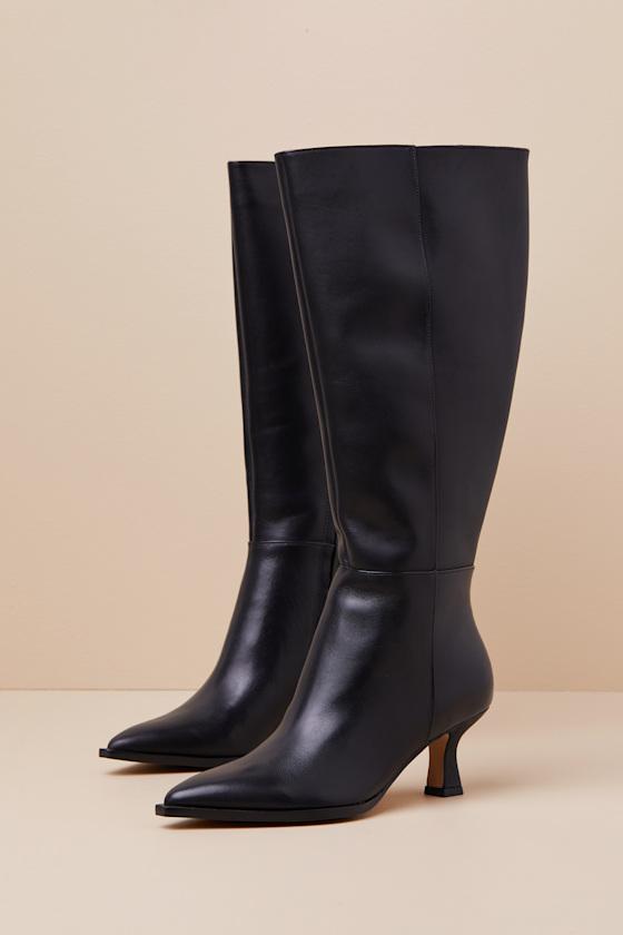 Auggie Wide Calf Black Leather Pointed-Toe Knee-High Boots Product Image