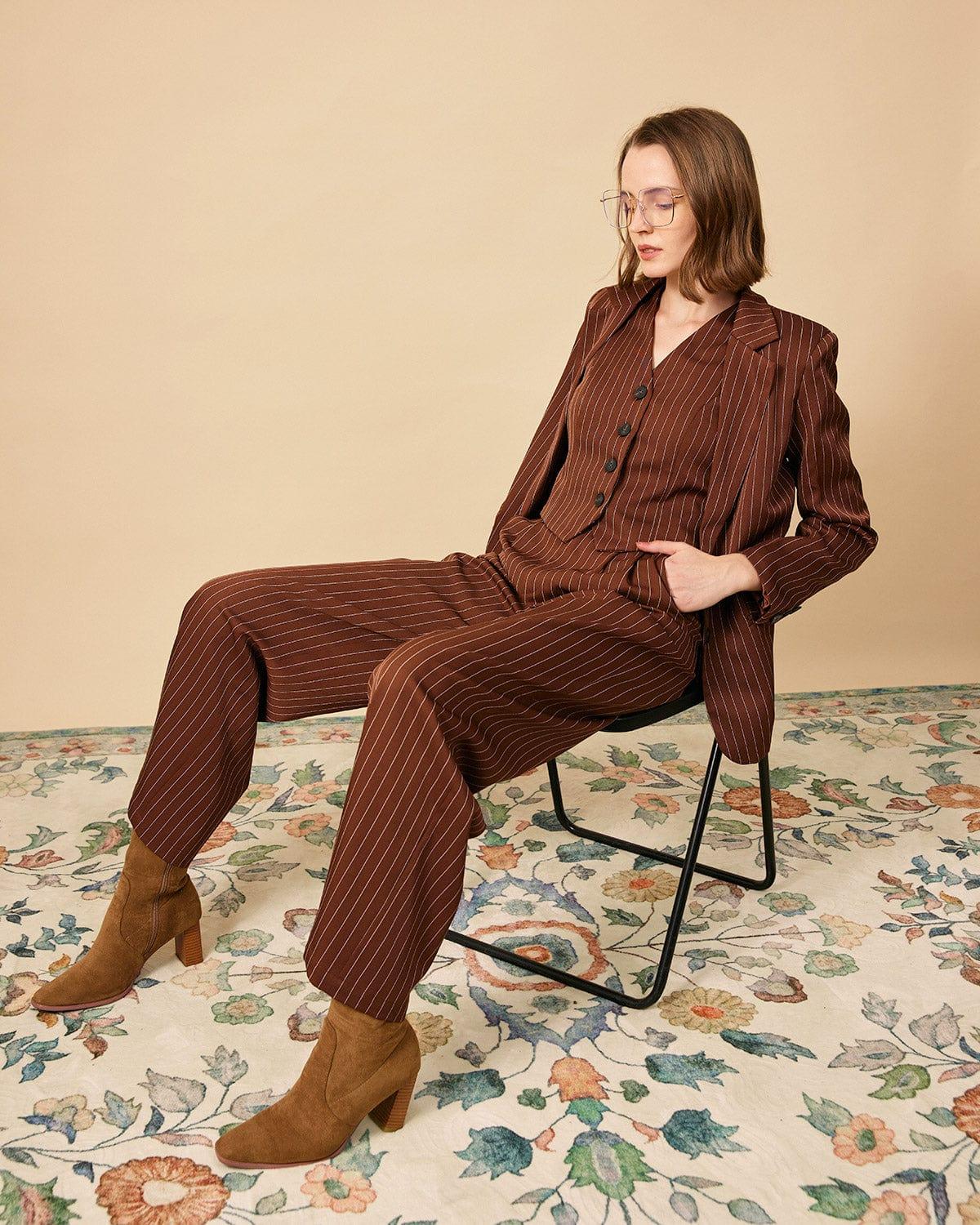 The Brown Striped One Button Collared Blazer Female Product Image