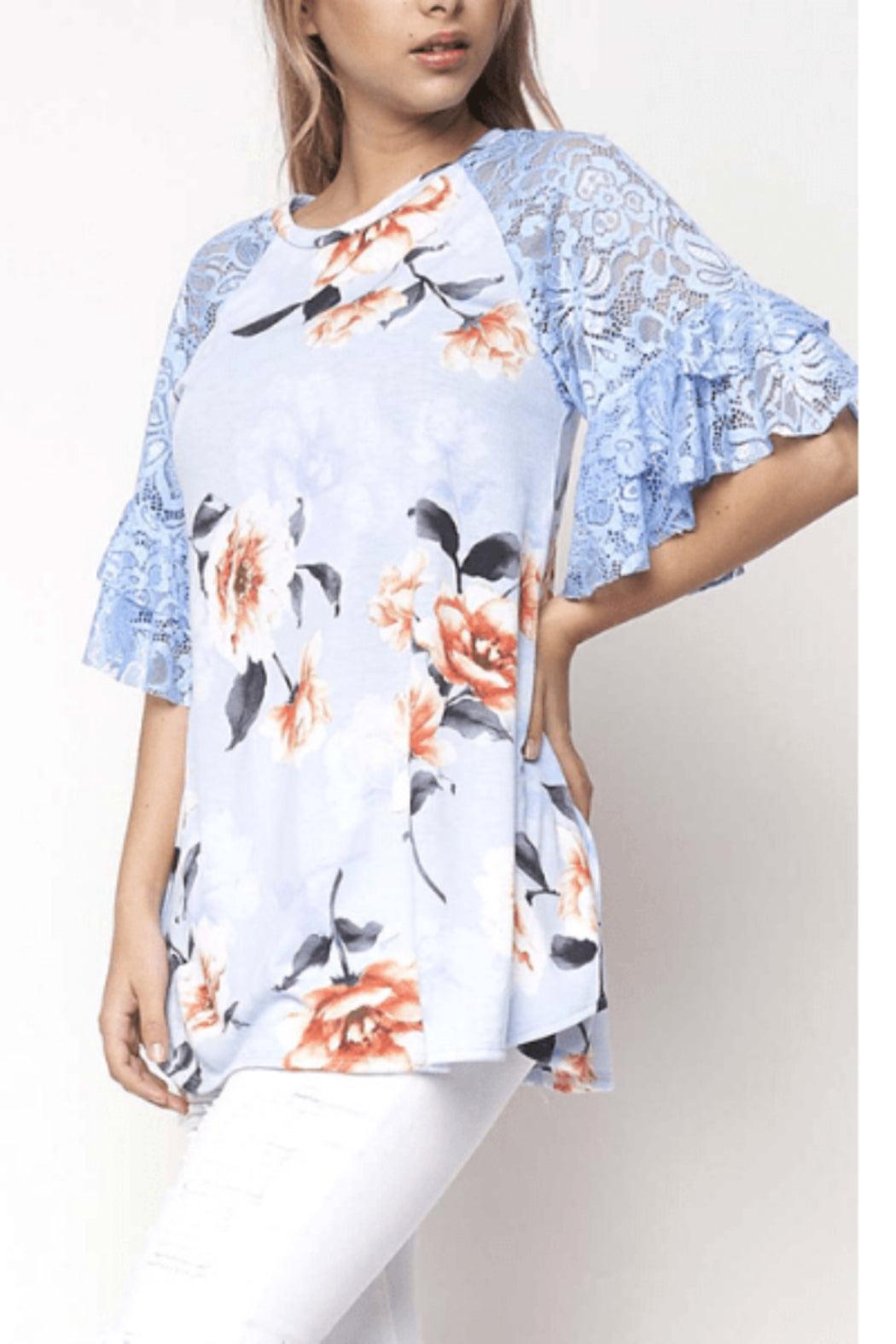 Blue Floral Lace Sleeve Top Product Image